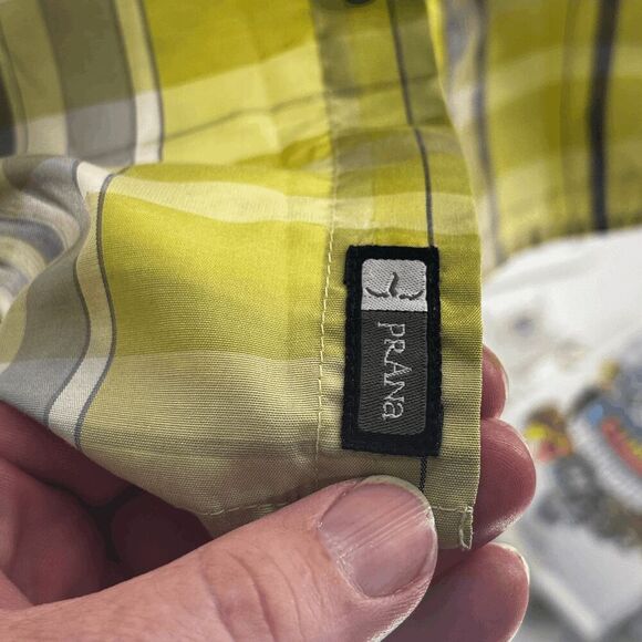 prAna Shirt Mens XL Snap Button Up Outdoors Hiking Camp Tartan Plaid Yellow Gray - Picture 4 of 7